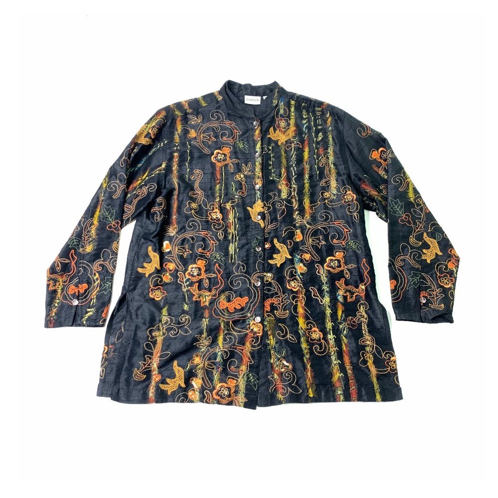 Chico's Silk Beaded Blouse - Size Medium (Chicos 1) - Black Embellished Floral